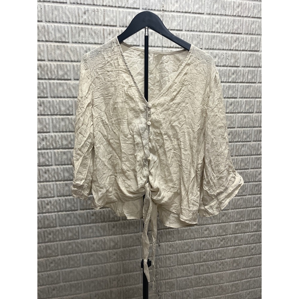 Cupshe Beige Crinkle Tie Front V Neck Top 3/4 Sleeve Ladder Stitch CAA07A4A016G
